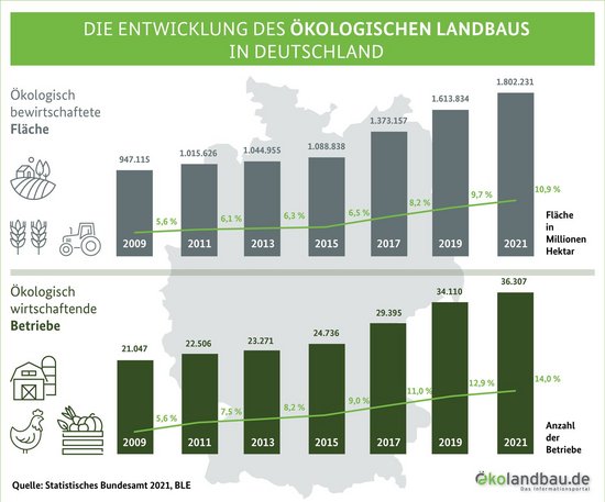 Infografik zur Entwicklung des Ökolandbaus in Deutschland. Klick führt zu Großansicht in neuem Fenster. 