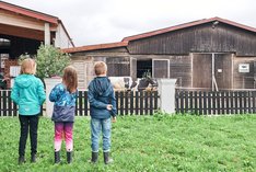 Drei Kinder stehen vor einem Kuhstall. 