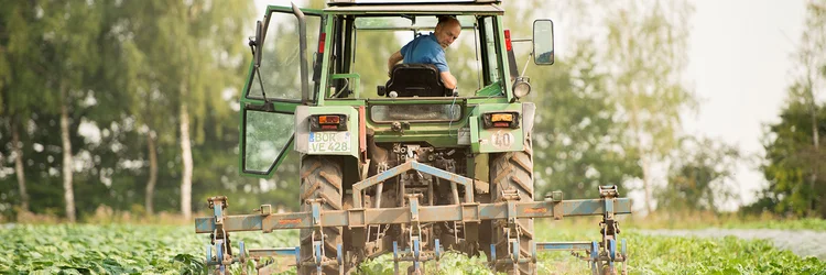 Bauer fährt mit dem Pflug über das Feld