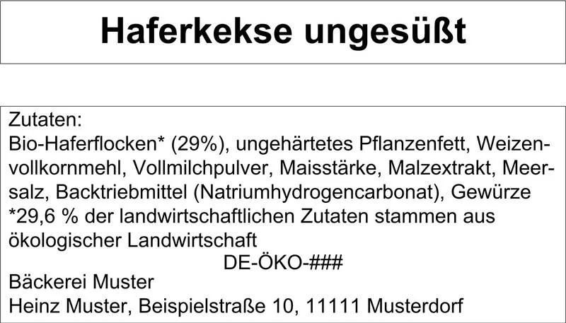 Beispieletikett für ein Produkt mit "Bio" nur in der Zutatenliste.