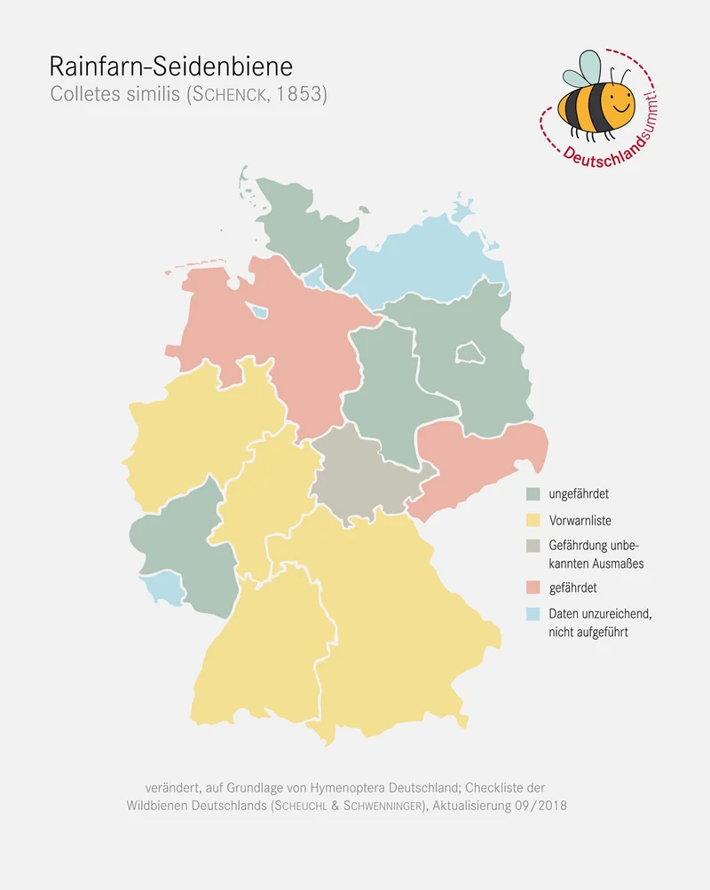 Verbreitungskarte der Rainfarn-Seidenbiene in Deutschland. Klick führt zu Großansicht in einer Lightbox. Zum Schließen der Lightbox ESC drücken.