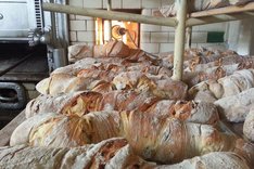 Brote liegen nebeneinander in einer Bäckerei.