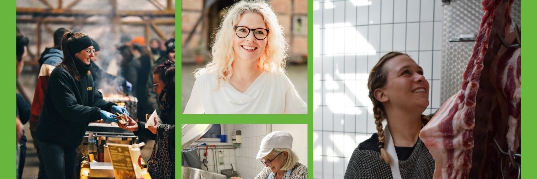Bildcollage mit Frauen in verschiedenen Bereichen der Bio-Verarbeitung.