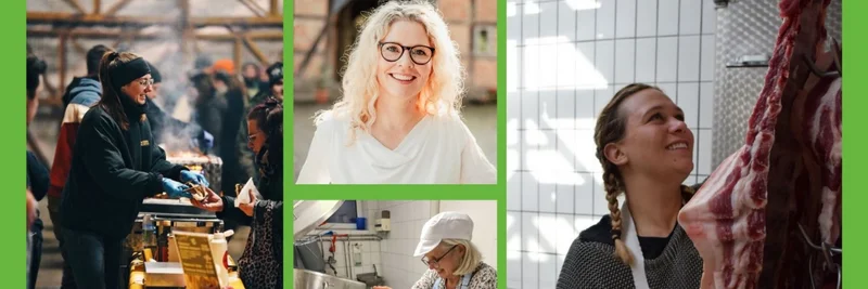 Bildcollage mit Frauen in verschiedenen Bereichen der Bio-Verarbeitung.