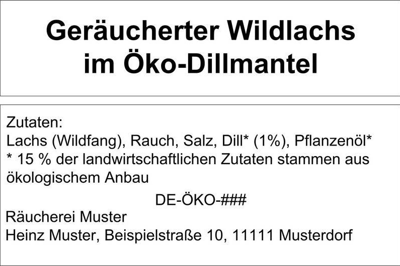 Beispieletikett für einen geräucherten Wildlachs im Öko-Dillmantel