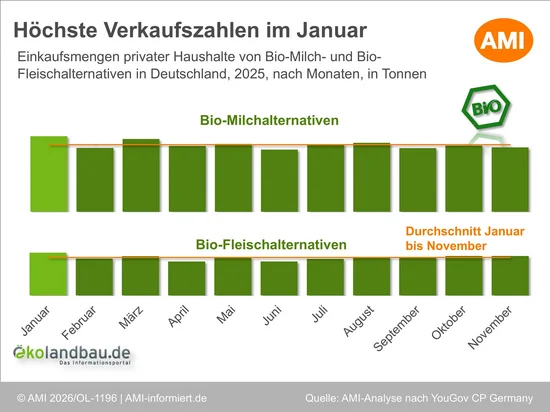 Infografik zu den Einkaufsmengen privater Haushalte von Bio-Milchalternativen und Bio-Fleischalternativen in Deutschland im Jahr 2025, nach Monaten, in Tonnen. Die zwei Säulendiagramme zeigen, dass die höchsten Verkaufszahlen im Januar erreicht wurden. Klick führt zu Großansicht in neuem Fenster, schließen per ESC.
