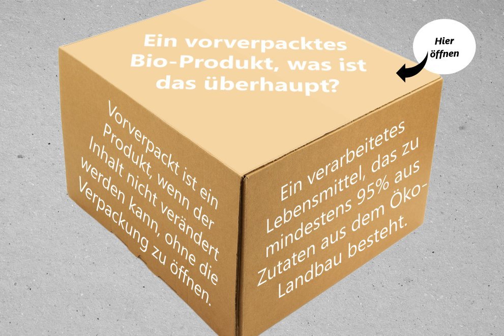 Ein Karton mit der Aufschrift: "Ein vorverpacktes Bio-Produkt, was ist das überhaupt?". Klick öffnet neue Webseite im neuen Fenster.