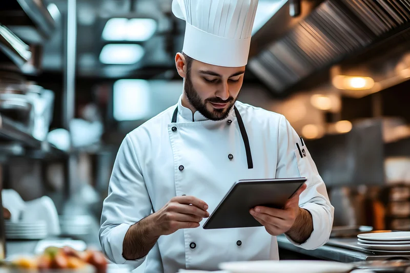 Koch in einer Großküche sucht Informationen im Tablet. Quelle: AdobeStock, Centric