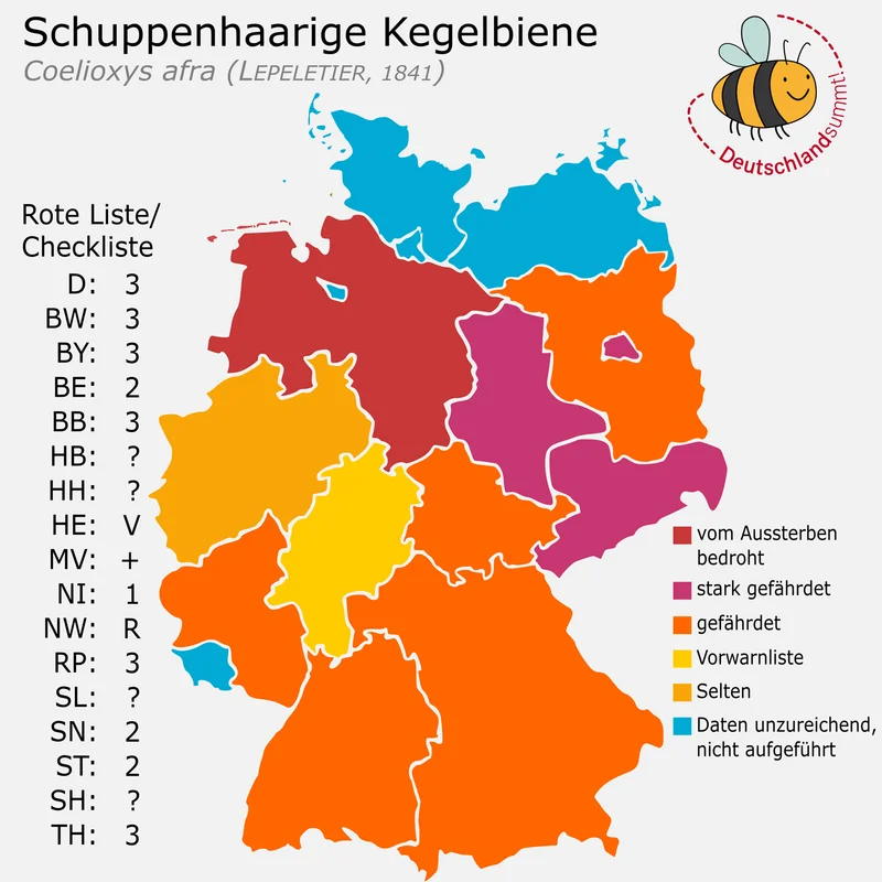 Verbreitungskarte der Schuppenhaarigen Kegelbiene. Klick führt zu Großansicht in neuem Fenster.