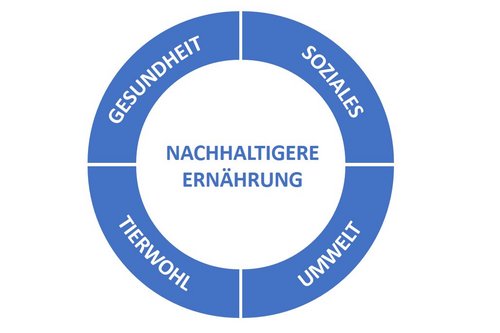 Grafik mit den vier Zieldimensionen für eine nachhaltige Ernährung im Schaubild: Gesundheit, Soziales, Tierwohl und Umwelt. 