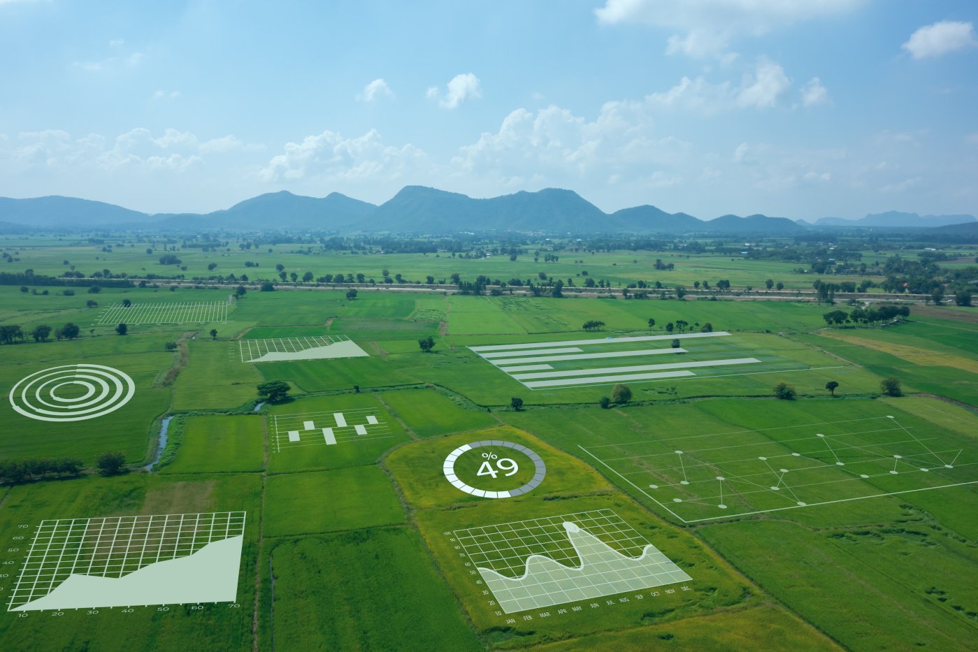 Blick von oben auf eine landwirtschaftliche Fläche, angereichert mit verschiedenen grafischen Elementen zum Thema Digitalisierung.