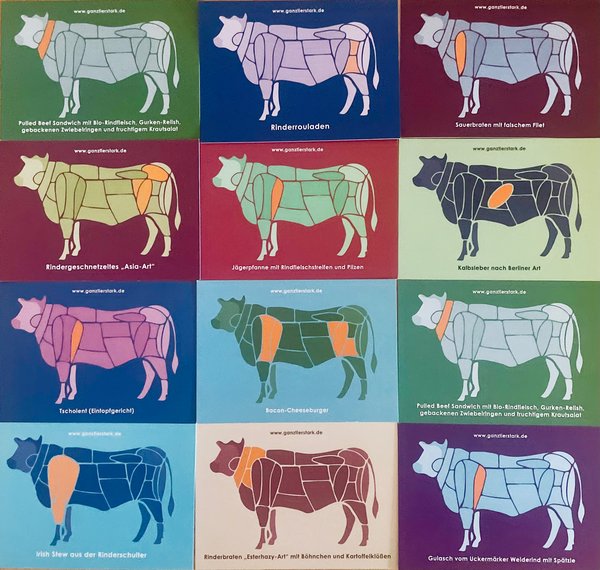 Grafik mit Kühen und Rezepten mit wenig bekannten Rindfleischteilen. Klick führt zu Großansicht in neuem Fenster.