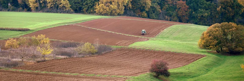 Felder auf denen ein Traktor fährt.
