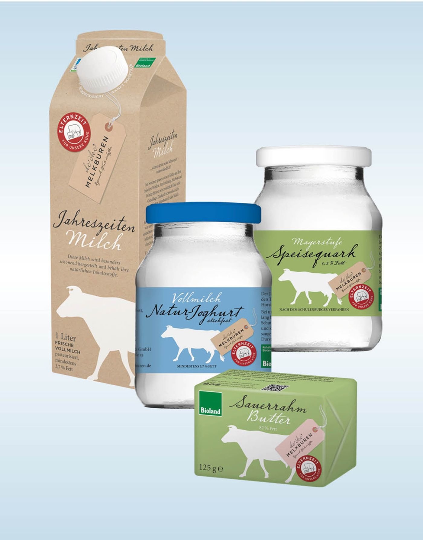 Quark- und Joghurtgläser und Milchtüte