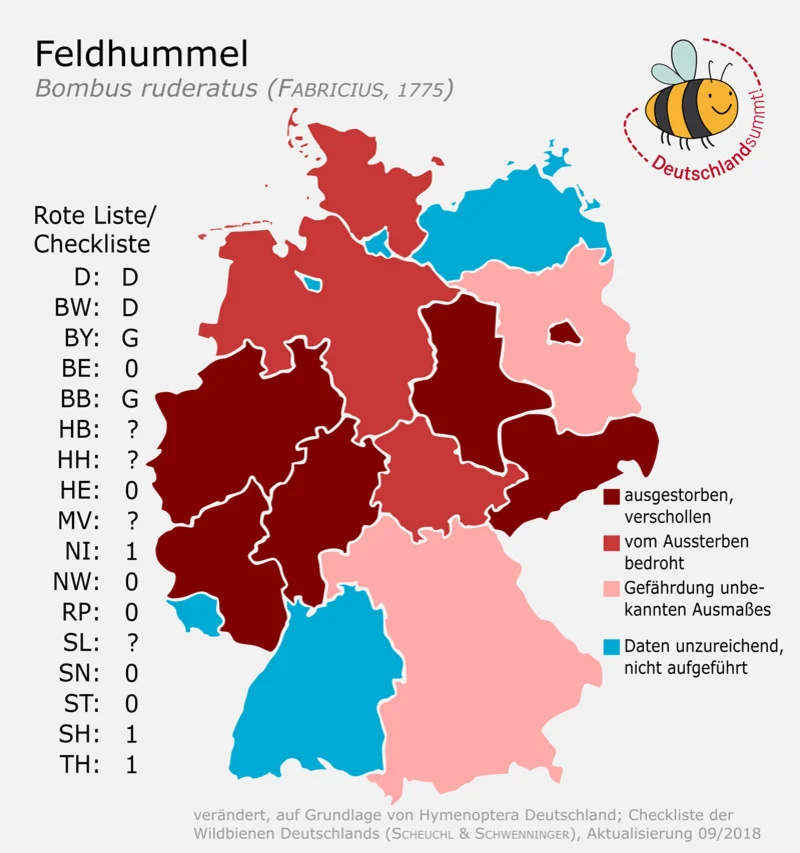 Verbreitungskarte für die Feldhummel in Deutschland. Klick führt zu Großansicht in neuem Fenster.
