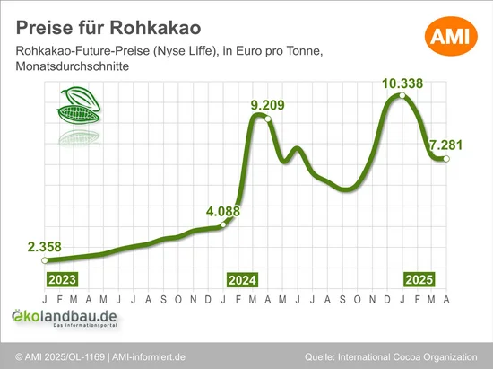 Infografik mit der Entwicklung des Preises von Rohkakao seit Januar 2023.