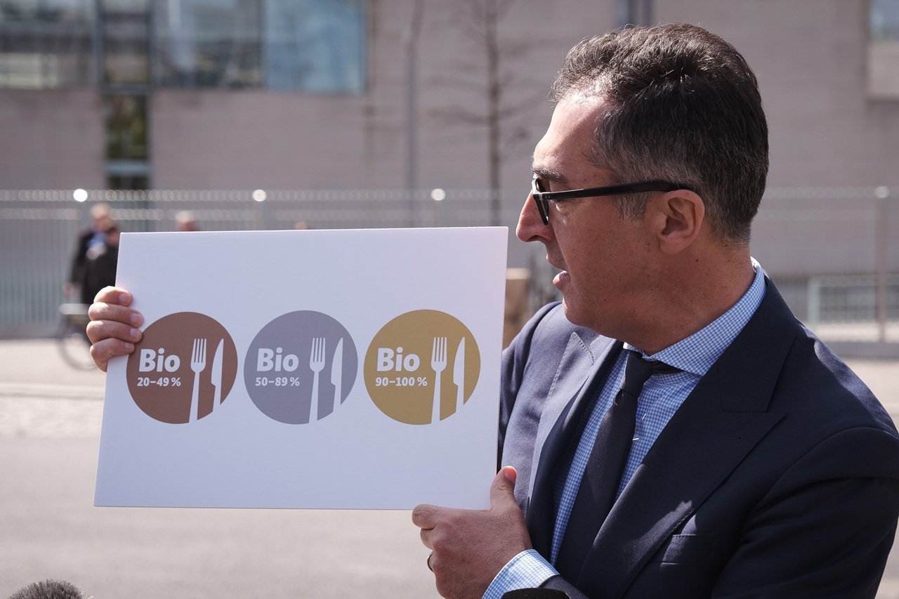 Bundesminister Cem Özdemir zeigt die drei neuen Bio-AHV-Zeichen