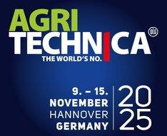 Agritechnica in grün und weißer Schrift auf blauem Hintergrund. Klick führt zu Großansicht.
