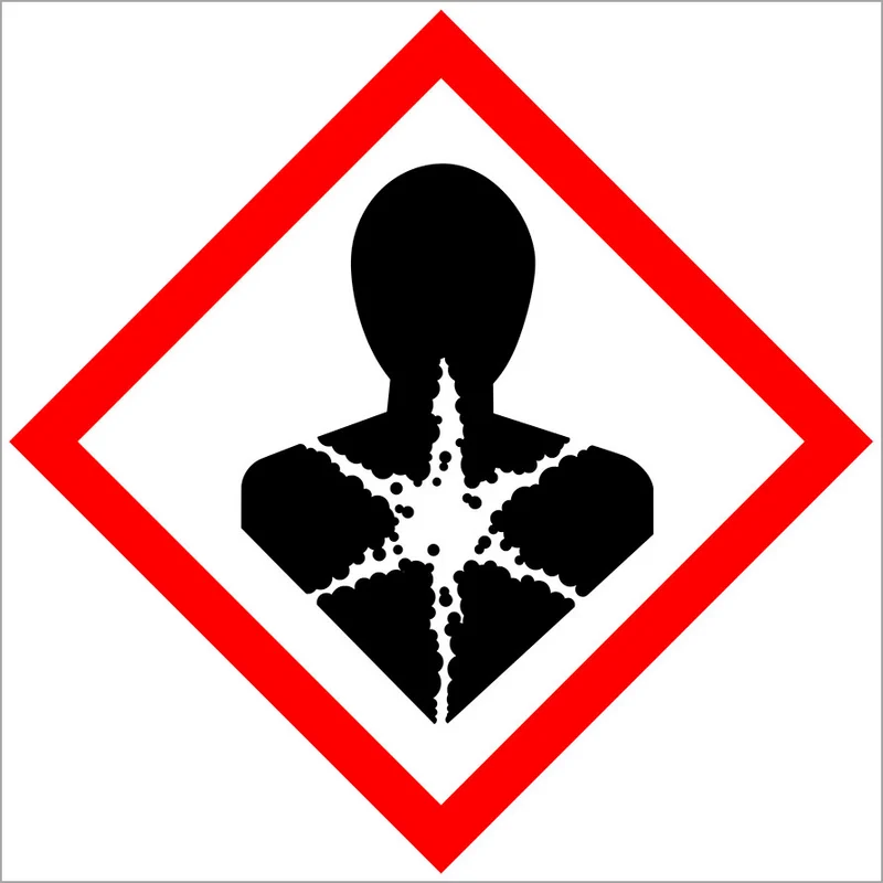 Gilt auch für PFAS: Gefahrstoffsymbol GHS08 mit rotem Rahmen und schwarzer Personensilhouette mit Sternsymbol im Brustbereich auf weißem Hintergrund. Klick führt zu Großansicht in neuem Fenster, schließen per ESC.