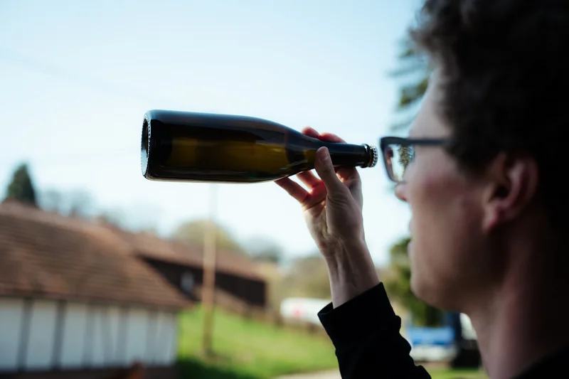 Ein Mann wie er eine Fasche Wein in der Hand hält und sie im Licht begutachtet. Klick führt zu Großansicht.