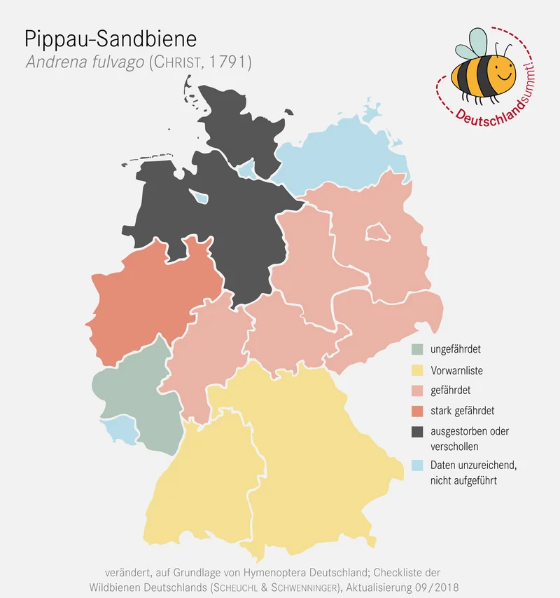 Verbreitungskarte der Pippau-Sandbiene. Klick führt zu Großansicht im neuen Fenster.