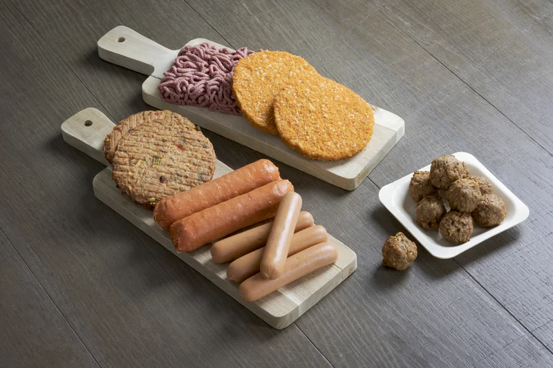 Unterschiedliche Vegetarische Fleischersatzprodukte. Klick führt zu Großansicht im neuen Fenster.