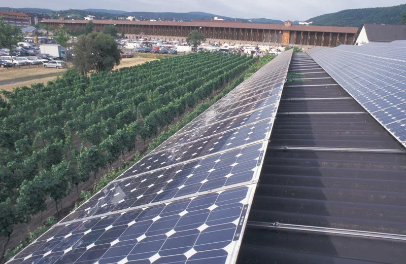 Solarzellen neben einem Feld. Klick führt zu Großansicht im neuen Fenster.