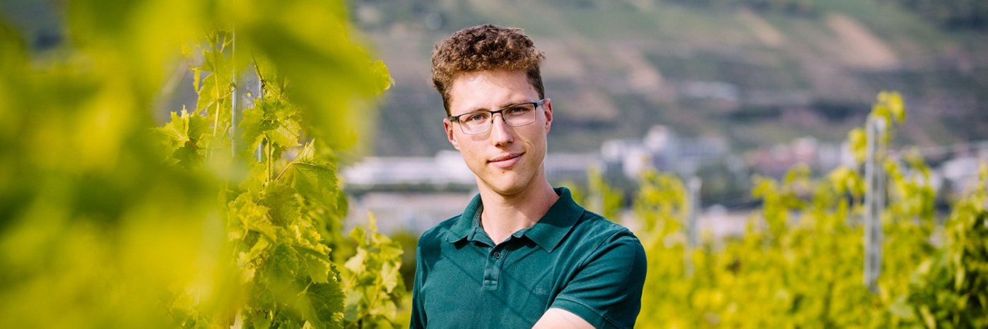 Ein Mann steht in einem Weinberg zwischen zwei Rebzeilen. Er hat seine Hände an einer Weinrebe und guckt in die Kamera.