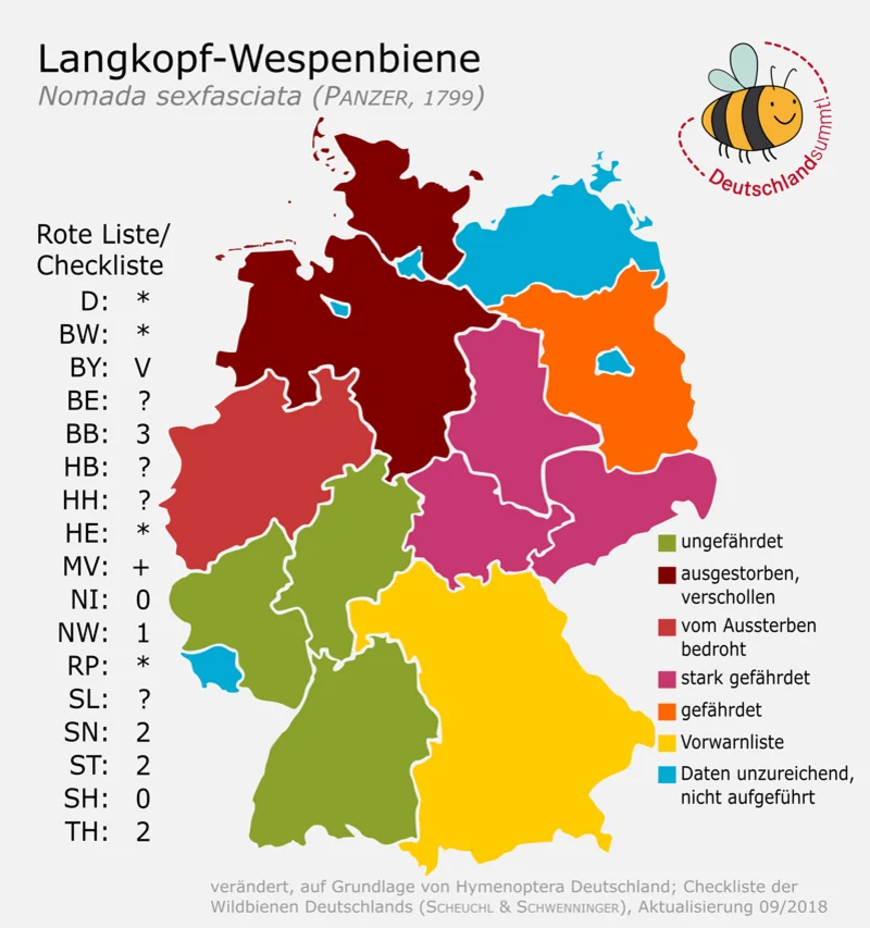 Verbreitungskarte der Langkopf-Wespenbiene. Klick führt zu Großansicht in neuem Fenster.