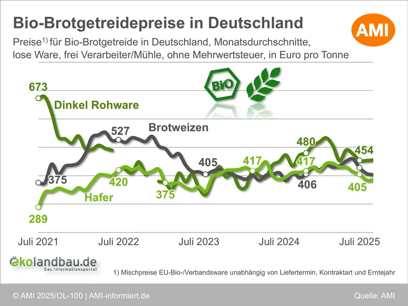 Bio-Brotgetreidepreise in Deutschland, Monatsdurchschnitte, lose Ware, frei Verarbeiter/Mühle, ohne Mehrwertsteuer, in Euro pro Tonne. Im Juli 2025 lag Dinkel Rohware bei 454 Euro pro Tonne, Hafer bei 405 Euro pro Tonne und Brotweizen dazwischen. Klick führt zu Großansicht in neuem Fenster, schließen per ESC.