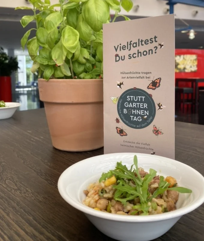 Schale mit Kichererbsen und Flyer. Klick führt zu Großansicht, Schließen mit ESC