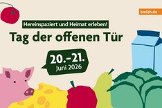 Gezeichnete Nutztiere wie Schwein und Huhn, Käse, Apfel und Birne sowie Salat und eine Milchtüte. Darüber steht in grünem Schriftzug "Hereinspaziert und Heimat erleben! Tag der offenen Tür, 20. bis 21. Juni 2026. Klick führt zu Großansicht.