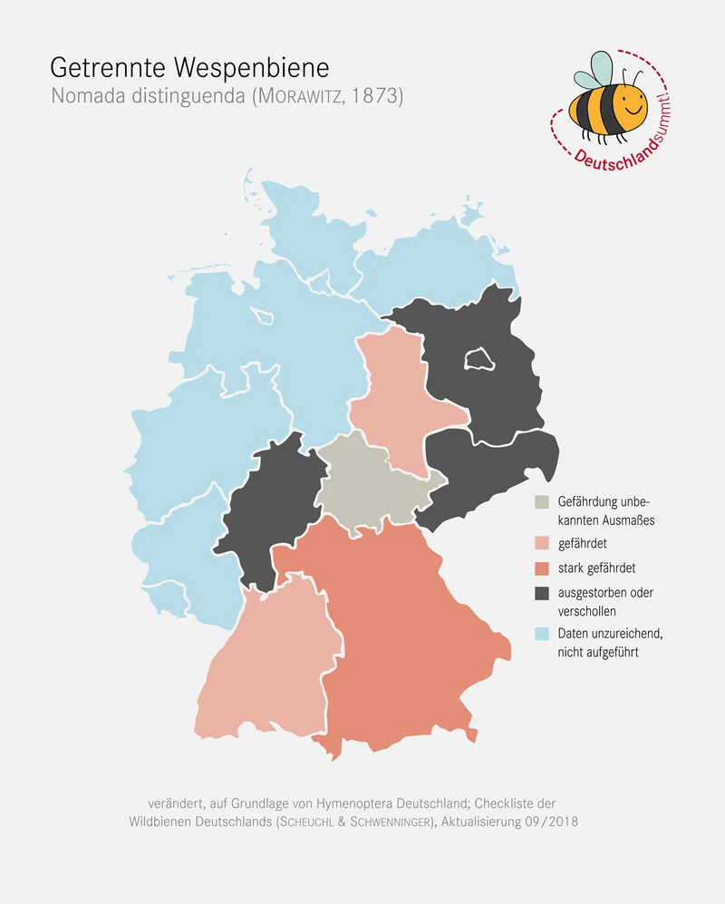 Verbreitungskarte der getrennten Wespenbiene in Deutschland. Klick führt zu Großansicht in einer Lightbox. Zum Schließen der Lightbox ESC drücken.