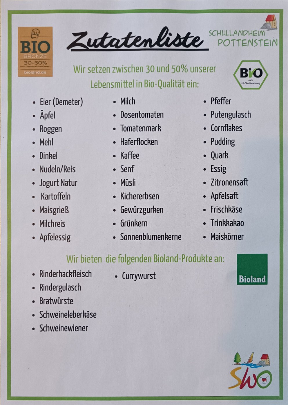 Zutatenliste im Schullandheim Pottenstein. Klick führt zu Großansicht in neuem Fenster.