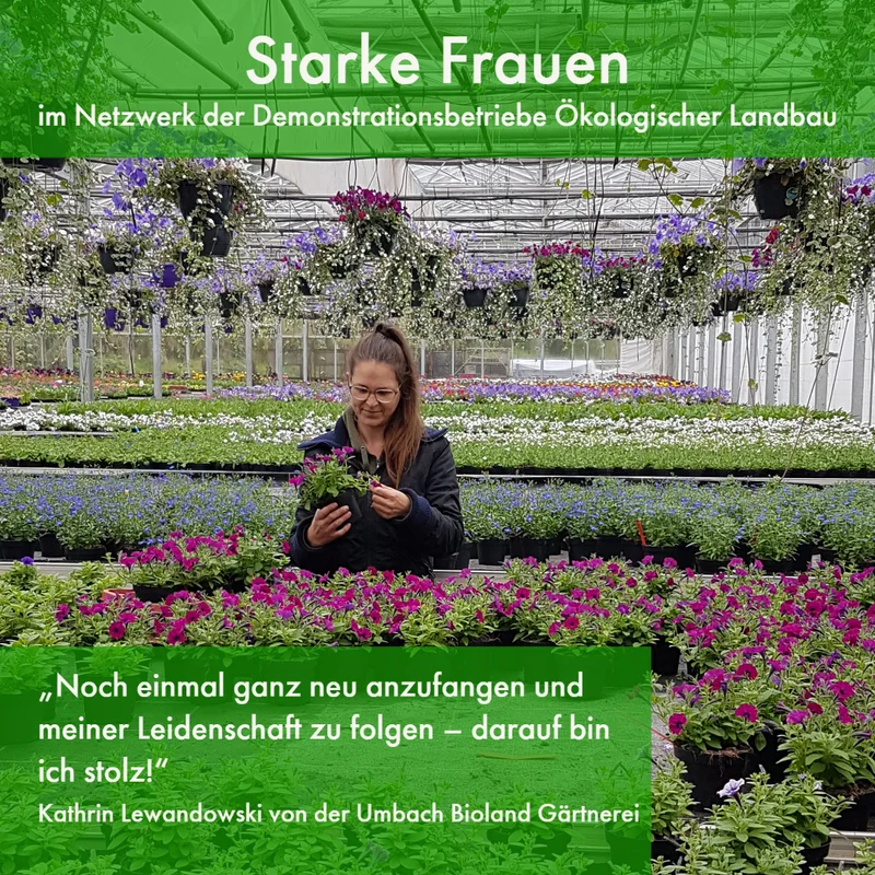 Kathrin Lewandowski zwischen Blumenreihen im Gewächshaus