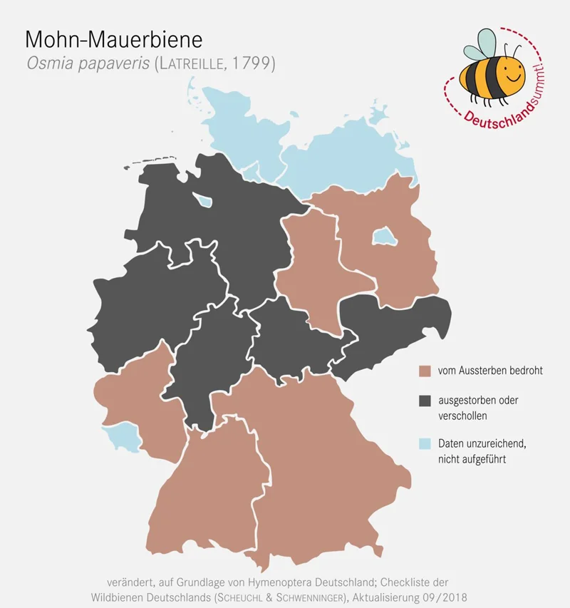 Nachweiskarte und Gefährdung derMohn-Mauerbiene. Klick führt zu Großansicht im neuen Fenster.