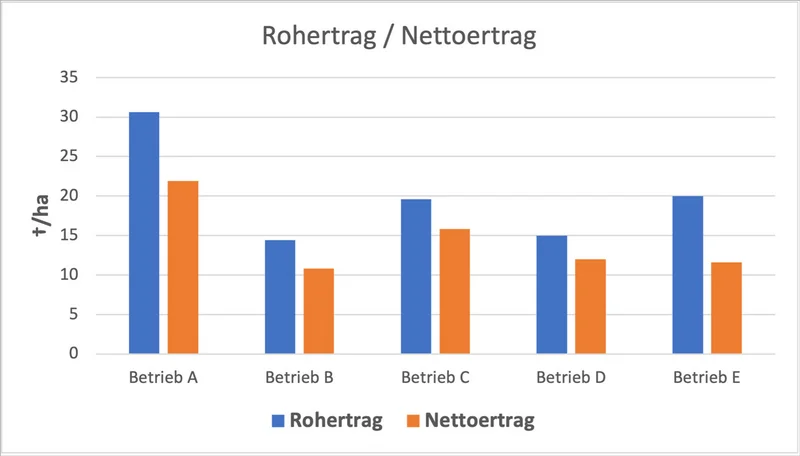 Infografik die den Roh- und Nettoertrag der fünf befragten Betriebe miteinander vergleicht. Klick führt zu Großansicht in neuem Fenster, schließen per ESC.