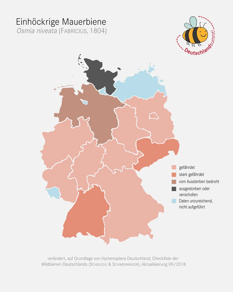 Deutschlandkarte zur Verbreitung der Einhöckrigen Mauerbiene.
