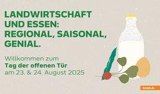 Flyer des Tag der Offenen Türe im BMLEH. Zu sehen ist das Motto "Landwirtschaft und Essen: Regional, saisonal, genial! in grüner Schrift sowie verschiedene Lebensmittel wie Milchprodukte, Gemüse, Getreide gezeichnet. Klick führt zu Großansicht.