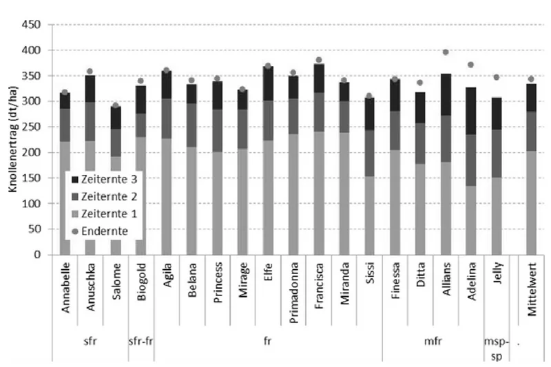 Grafik zu Knollenerträgen (Dezitonnen pro Hektar) dreier Zeiternten und der Endernte (2010 – 2012)