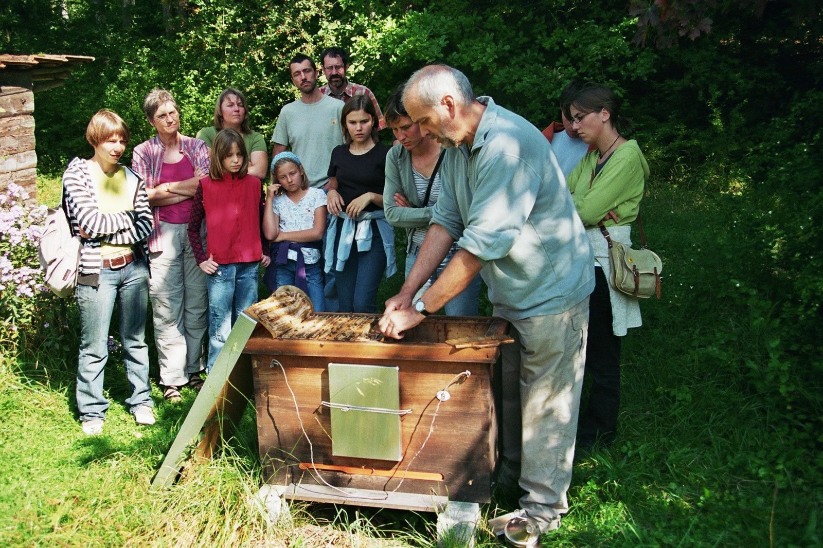 Imker zeigt Besucherinnen und Besuchern Bienen. Klick führt zu Großansicht in neuem Fenster.