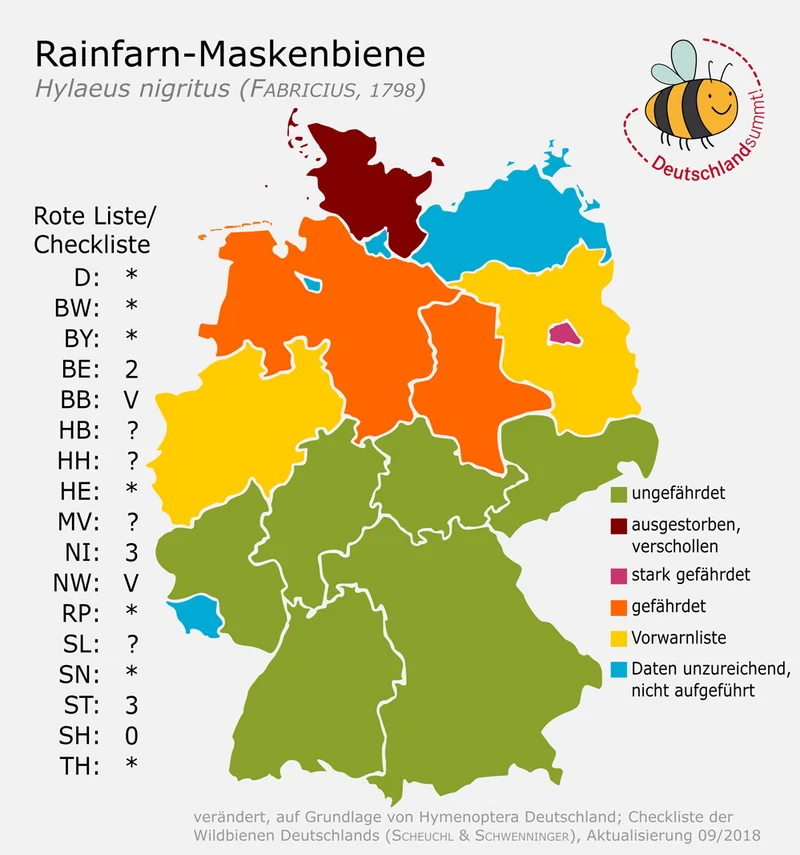 Verbreitungskarte der Rainfarn Maskenbiene. Klick führt zu Großansicht in neuem Fenster.