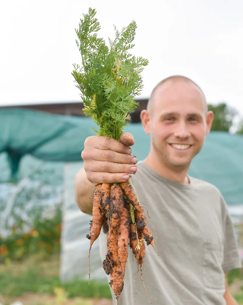 Junger Mann mit Möhre in der Hand