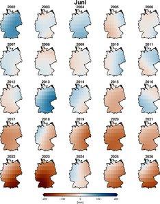Deutschland als Karte im Verlauf der Jahre 2002 bis 2026. Sichtbar ist das räumliches Muster der Wasserspeicherung bzw. des Wasserdefizits. Klick führt zu Großansicht.