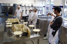 Menschen in einem Raum, wo Milchprodukte verarbeitet werden. Klick führt zu Großansicht.