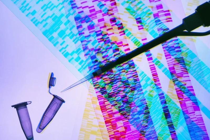 Pipette mit DNA-Sequenzen im Hintergrund. Klick führt zu Großansicht.