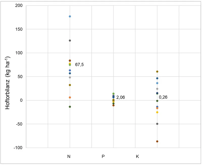 Grafik der Hoftorbilanzen der Nährstoffe N, P,K (jeder Punkt ist ein Betrieb).