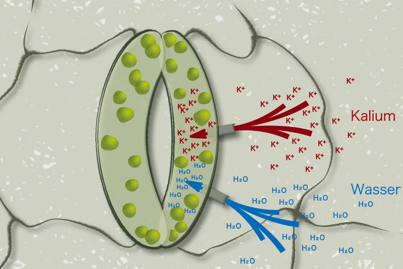 Grafik des Öffnungsmechanismus der Stomata. Klick führt zu Großansicht.