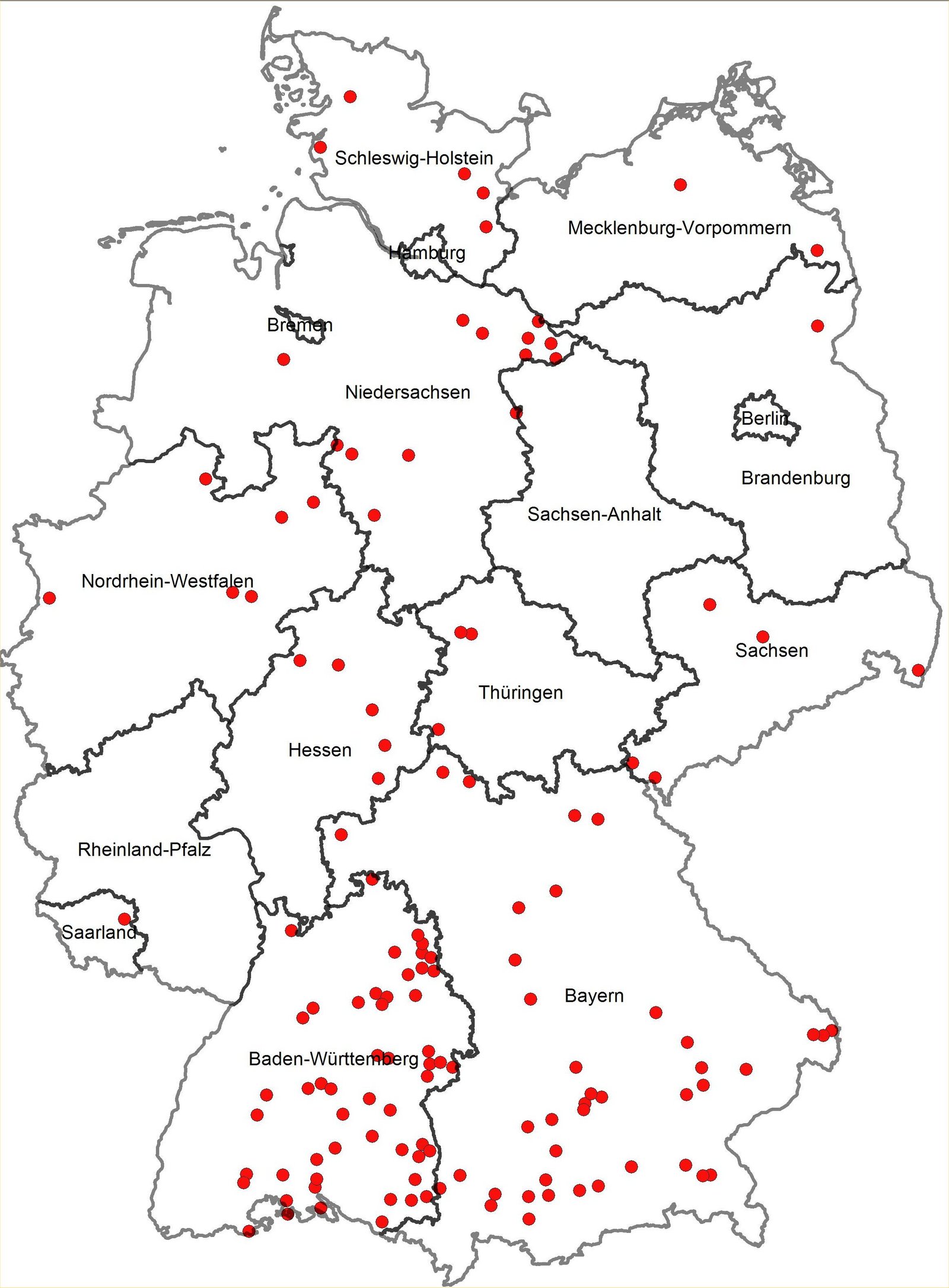 Übersichtskarte zu Standorten von Biogasanlagen in Deutschland. Klick führt zu Großansicht im neuen Fenster.