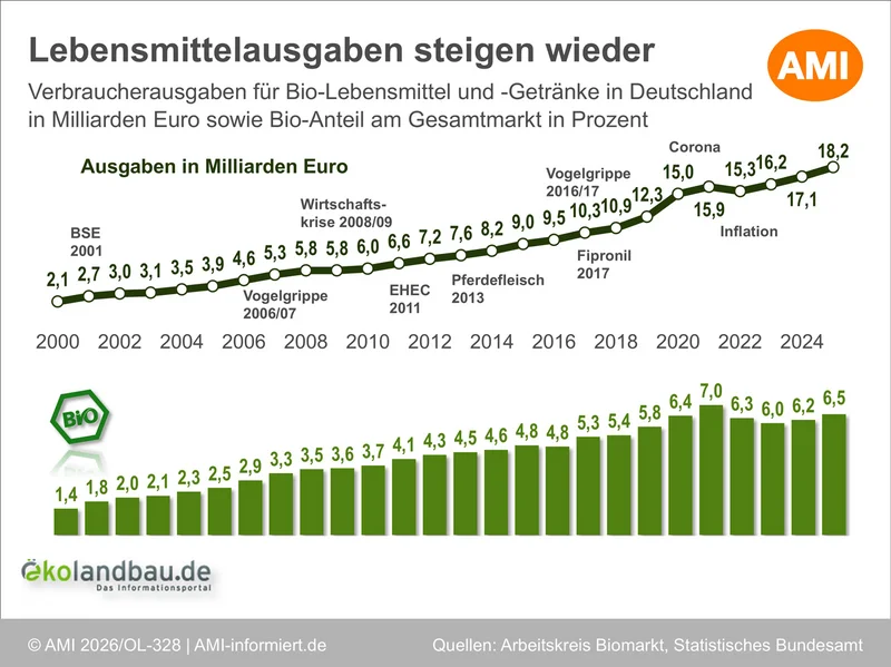 Grafik: Verbraucherausgaben für Bio-Lebensmittel und -Getränke in Deutschland in Milliarden Euro sowie Bio-Anteil am Gesamtmarkt in Prozent. Klick führt zu Großansicht in neuem Fenster.